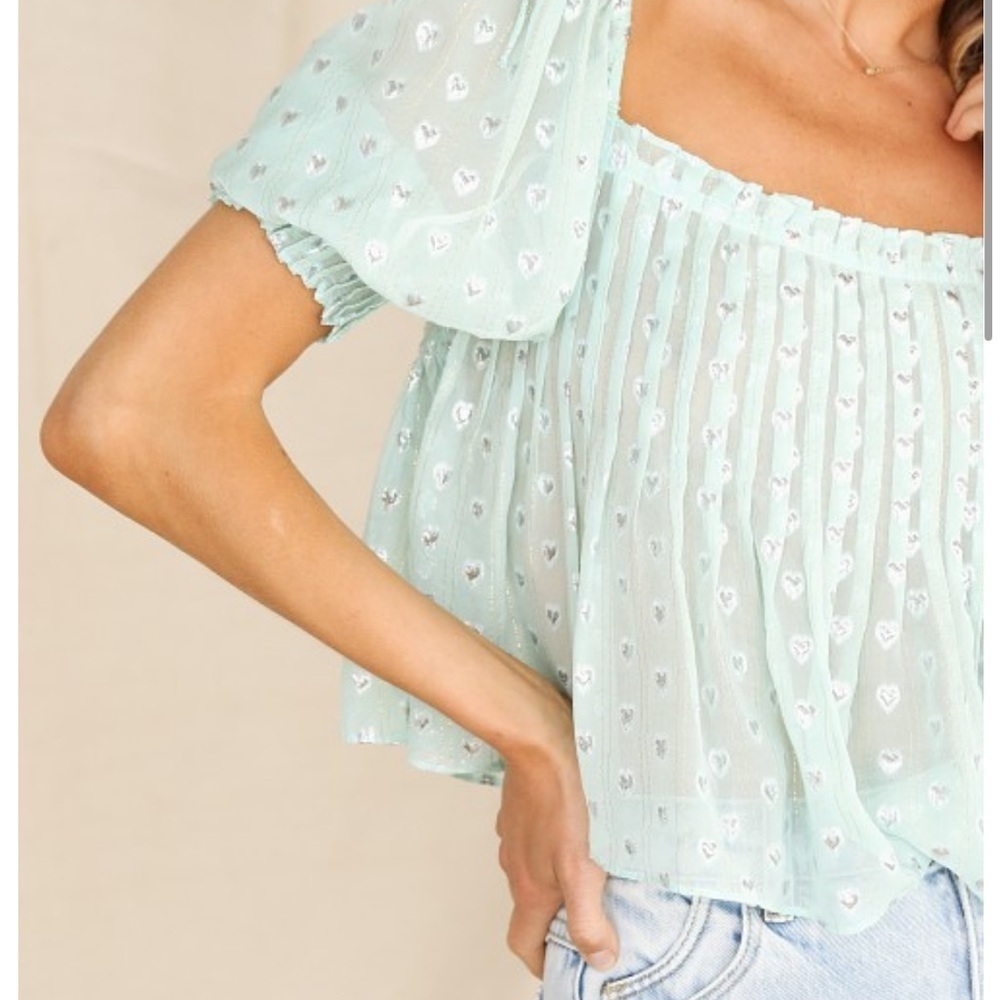 For Love & Lemons Mint Jana Blouse‎ Cropped Flowy Heart Print Tie Shoulders - Picture 3 of 13